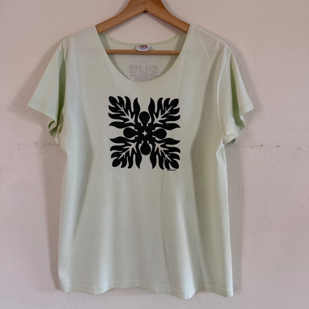VTG Crazy Shirts Hawaii Quilt Print Ulu Floral Shirt Pale Green Women's Large